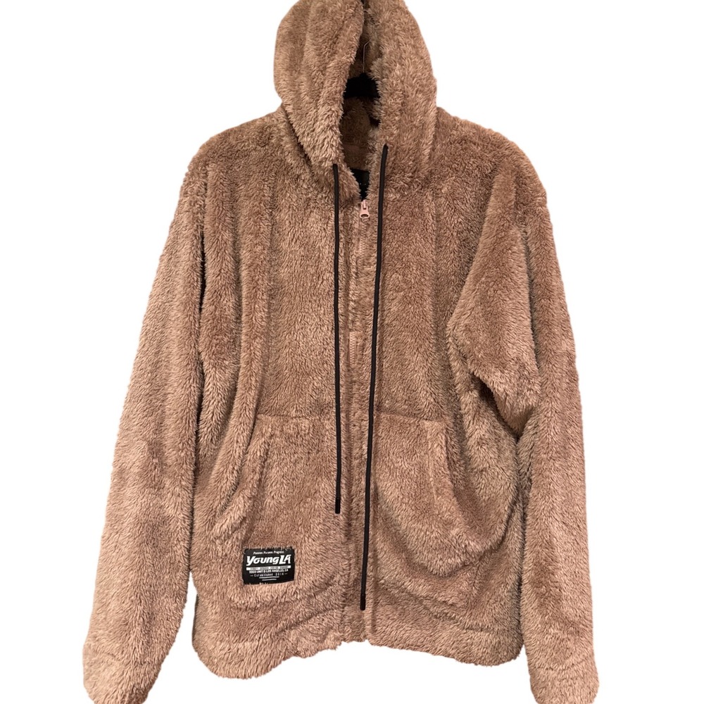 YoungLA fuzzy teddy hoodie‎ Small light pink tan full zip oversized EUC jacket